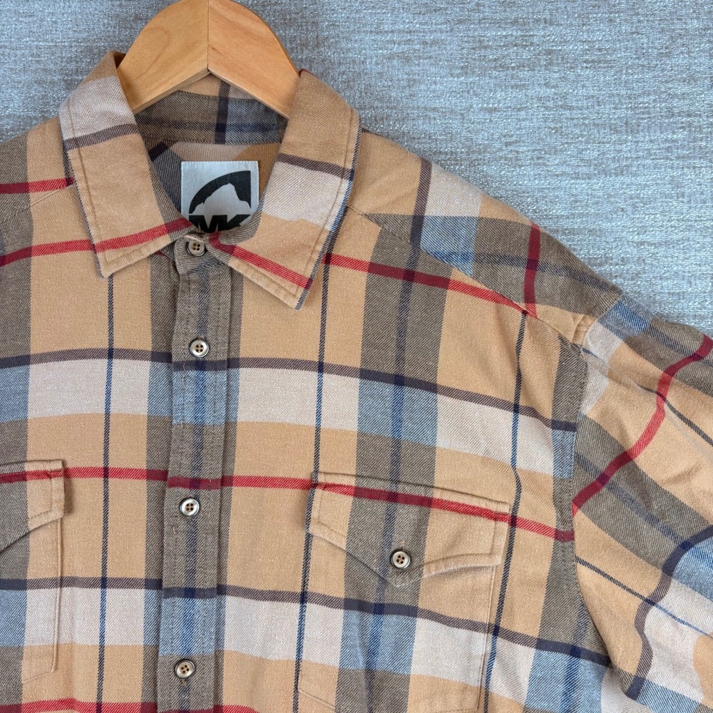 Mountain Khakis Teton Flannel Mens Large Tan Plaid Cotton Button Up Shirt EUC